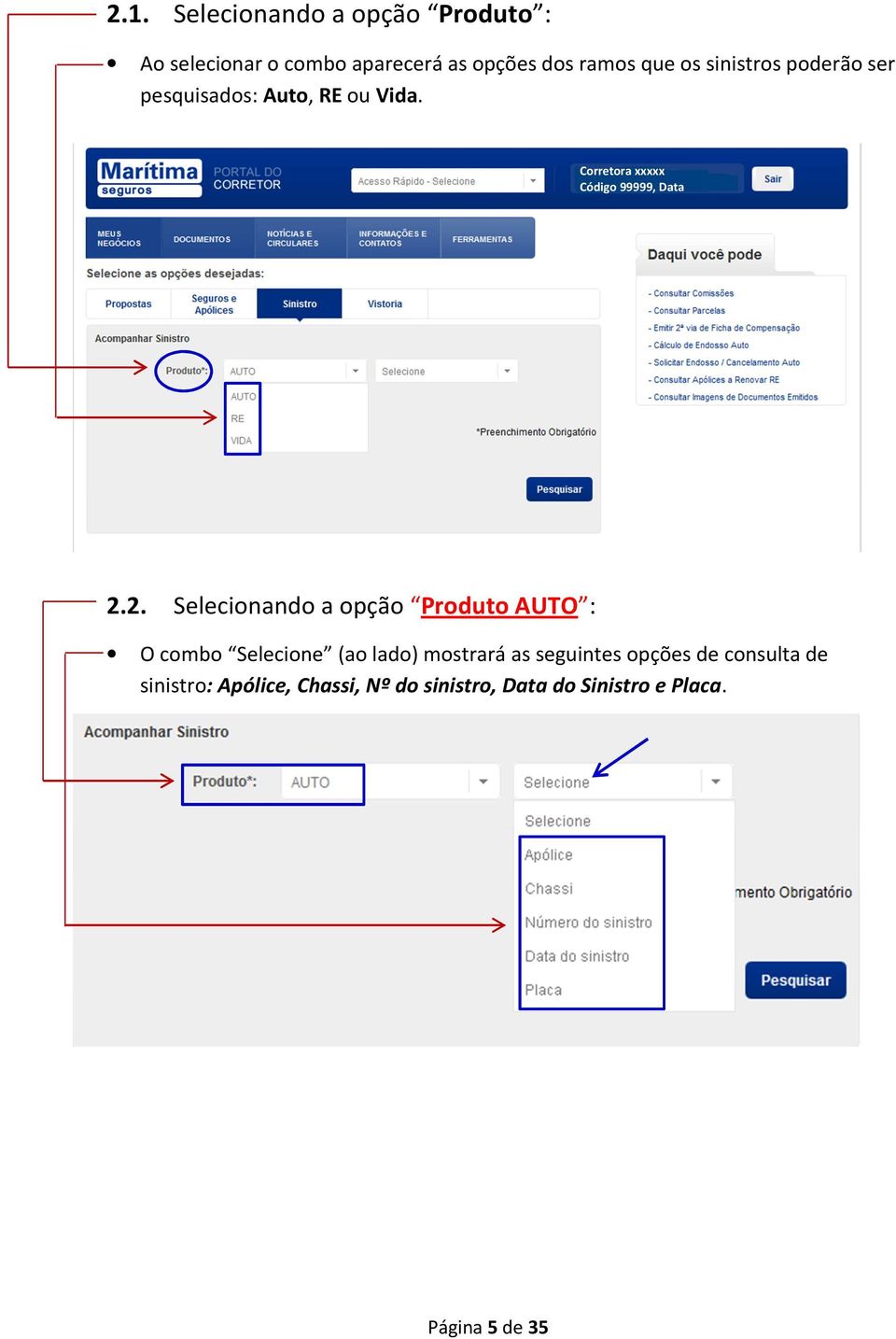 2. Selecionando a opção Produto AUTO : O combo Selecione (ao lado) mostrará as seguintes