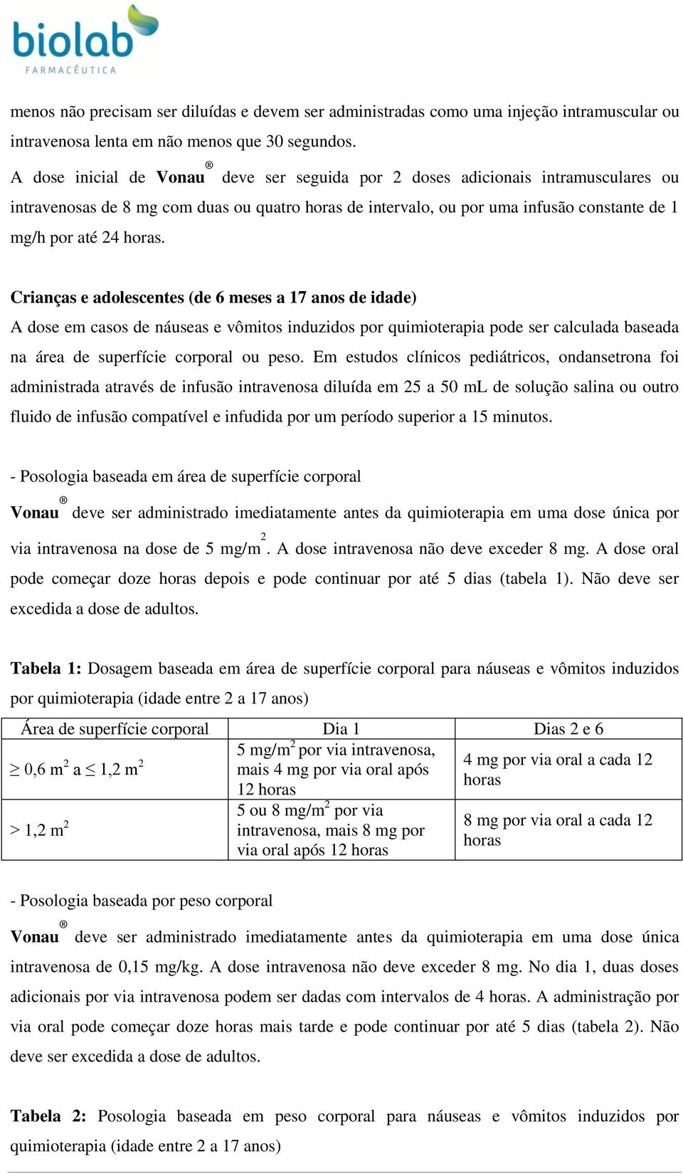 Crianças e adolescentes (de 6 meses a 17 anos de idade) A dose em casos de náuseas e vômitos induzidos por quimioterapia pode ser calculada baseada na área de superfície corporal ou peso.