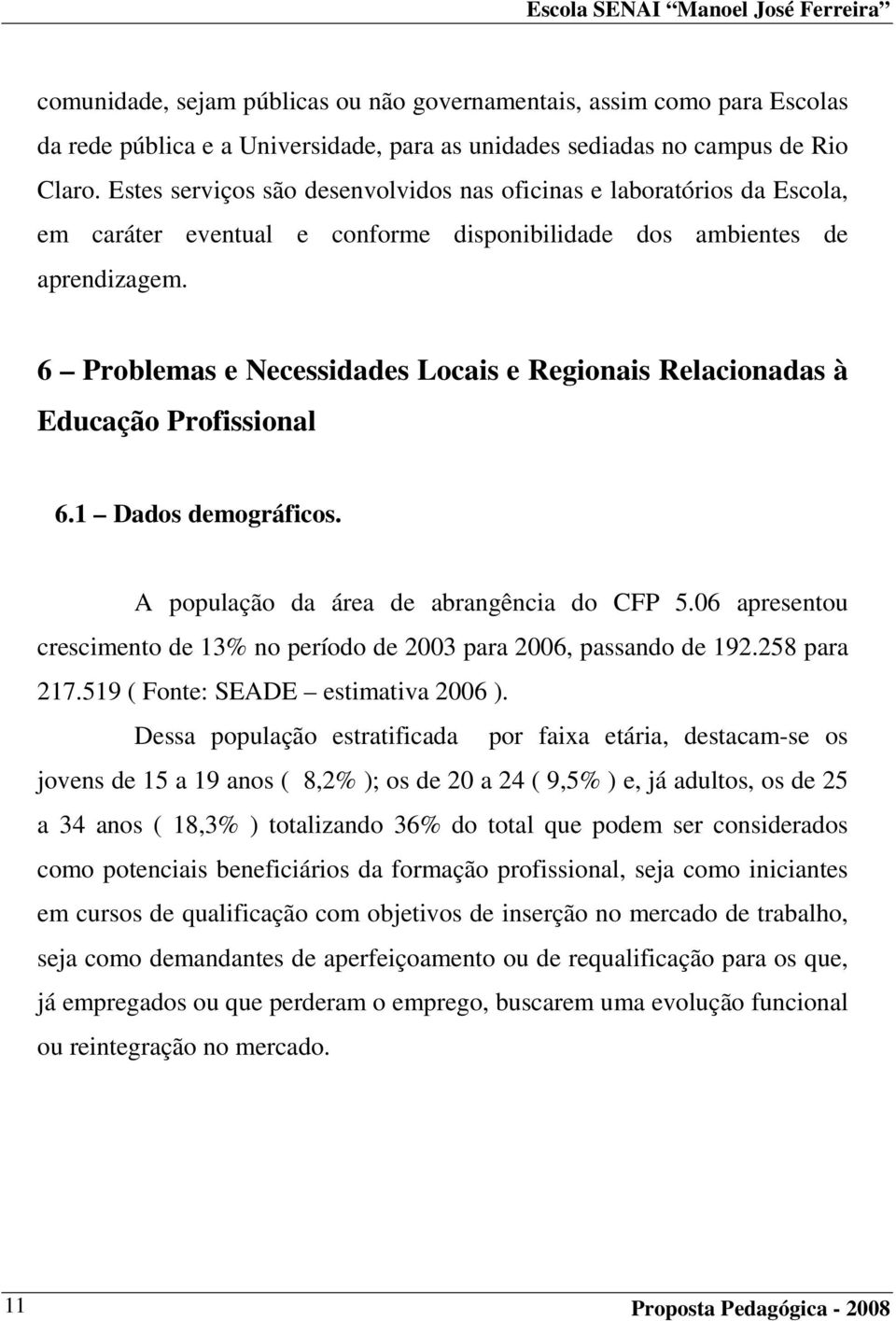 6 Problemas e Necessidades Locais e Regionais Relacionadas à Educação Profissional 6.1 Dados demográficos. A população da área de abrangência do CFP 5.