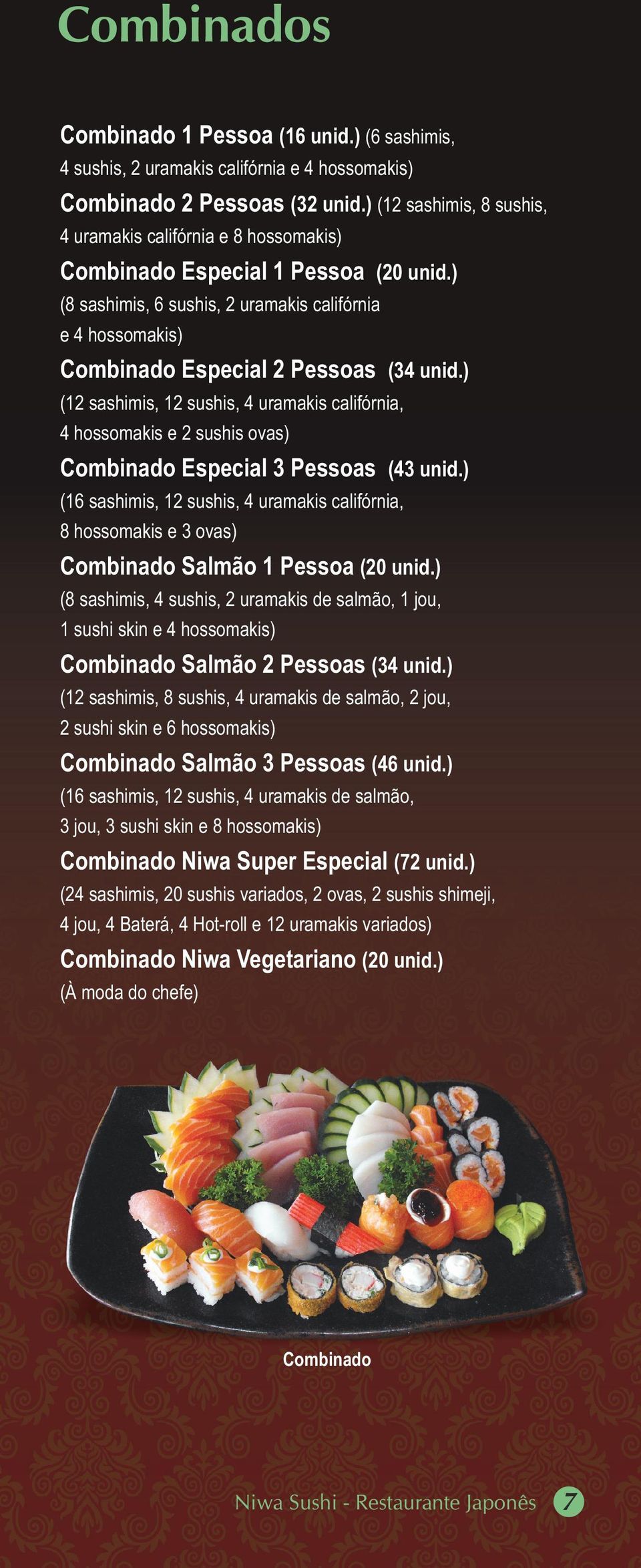 ) (8 sashimis, 6 sushis, 2 uramakis califórnia e 4 hossomakis) Combinado Especial 2 Pessoas (34 unid.