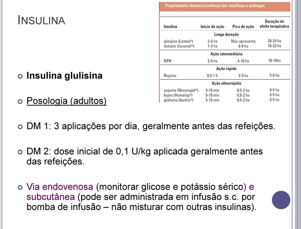 DM 2: dose inicial de 0,1 U/kg aplicada  Via endovenosa (monitorar glicose e potássio
