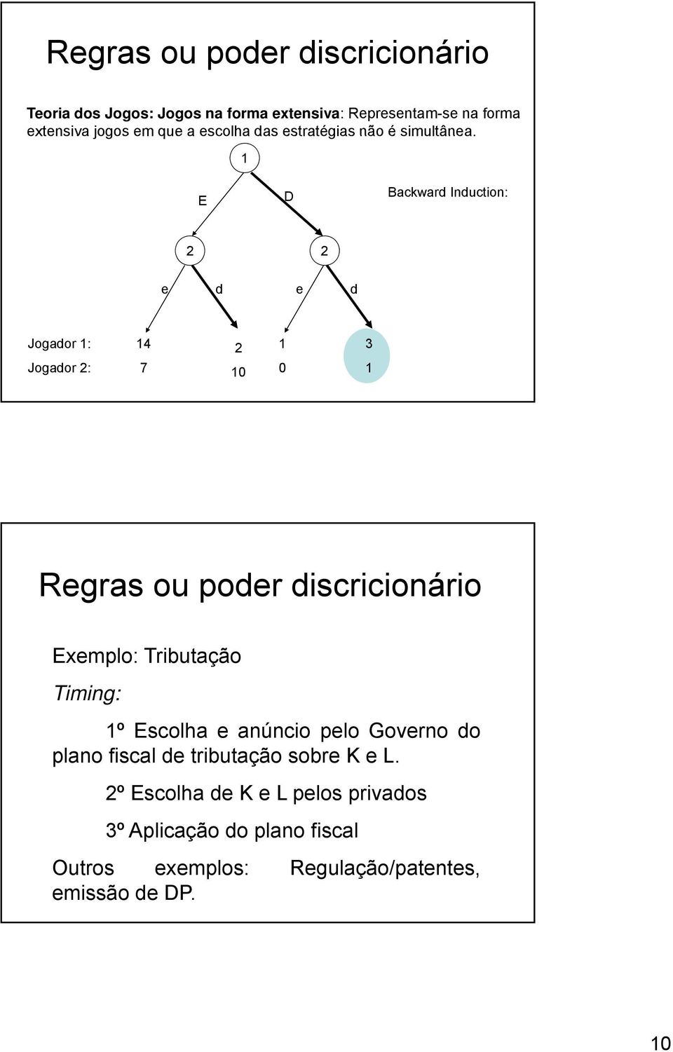 1 E D Backward Induction: 2 2 e d e d Jogador 1: Jogador 2: 14 7 2 10 1 0 3 1 Regras ou poder discricionário Exemplo: