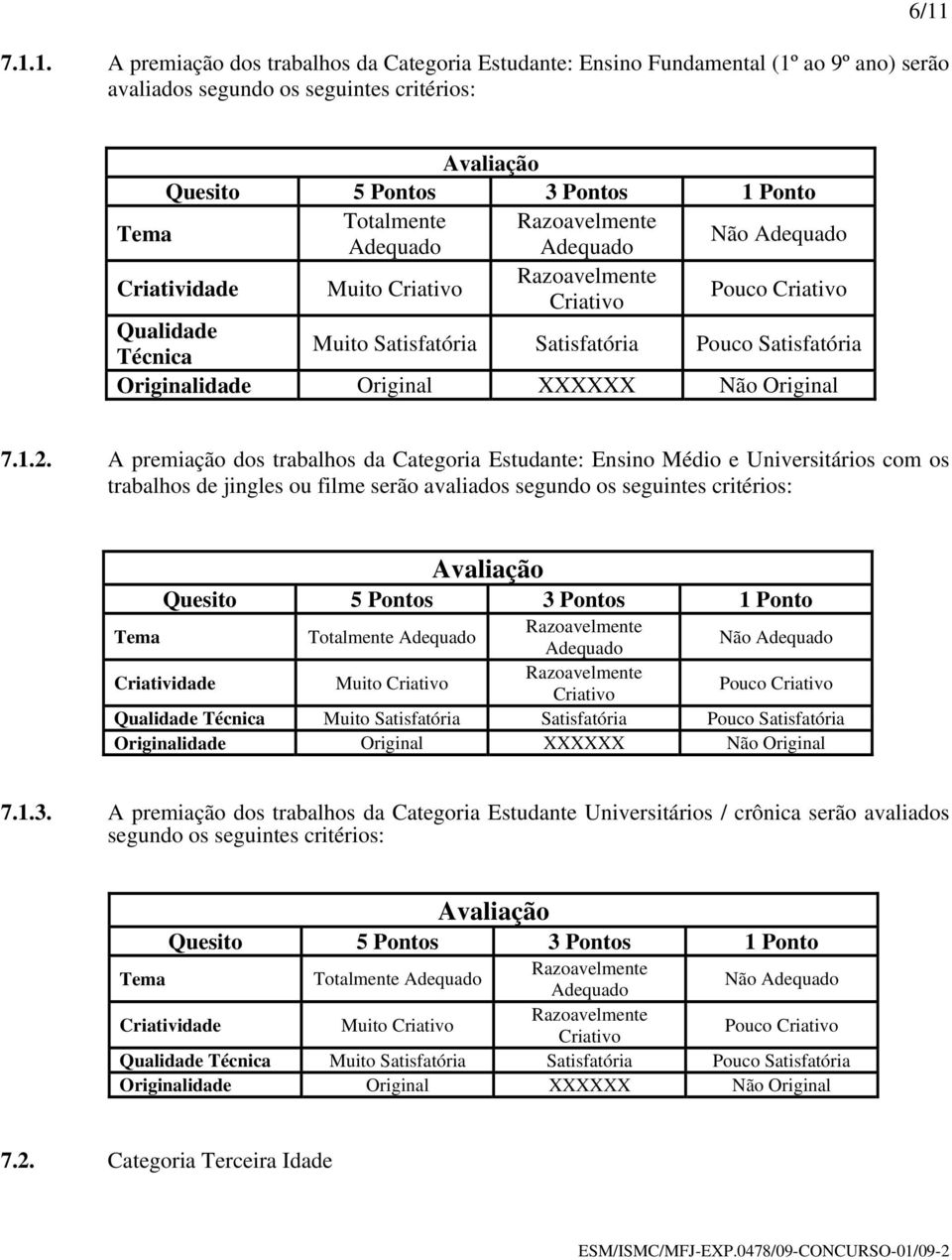 A premiação dos trabalhos da Categoria Estudante: Ensino Médio e Universitários com os trabalhos de jingles ou filme serão avaliados segundo os seguintes critérios: Totalmente Criatividade Muito