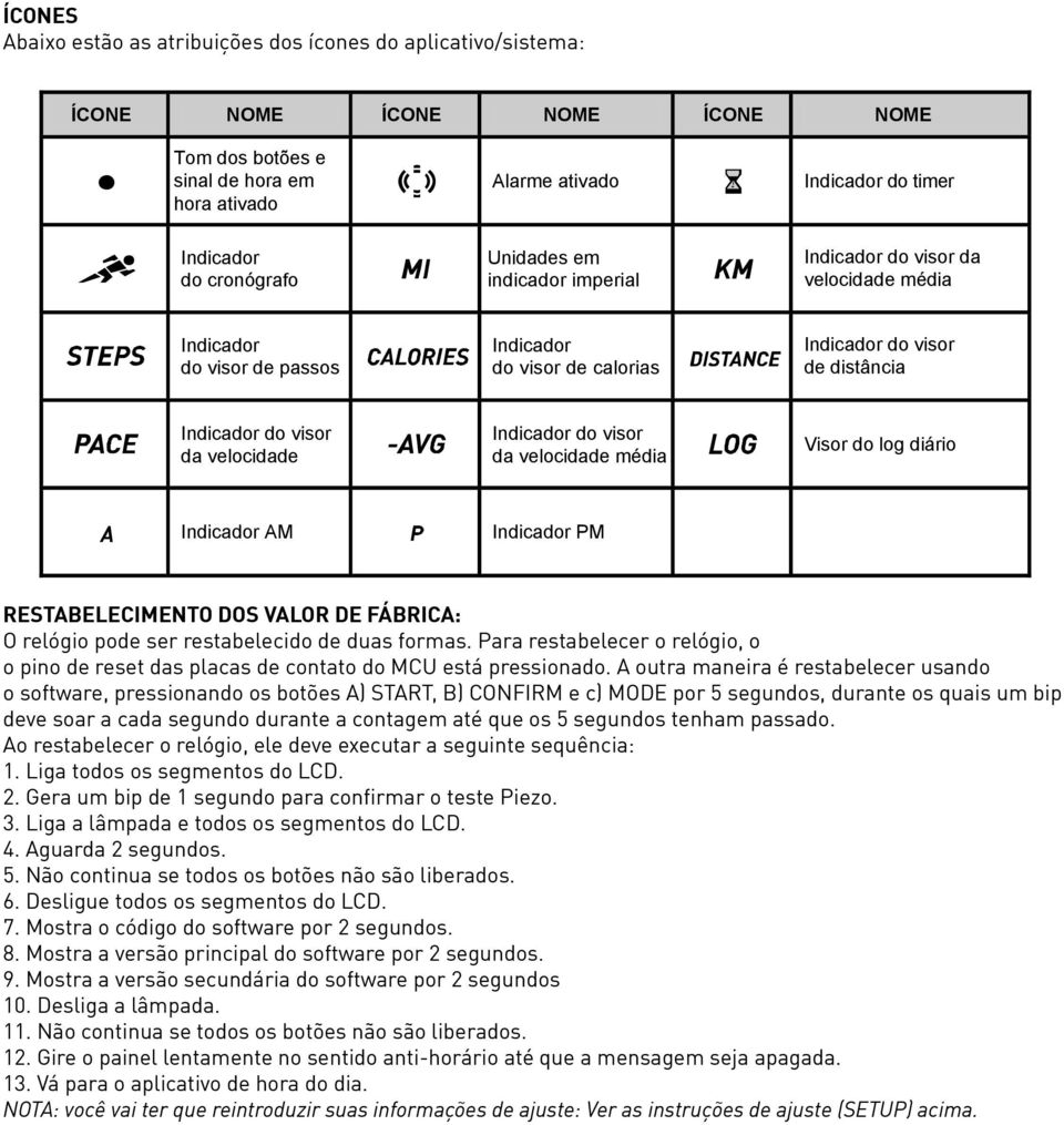 velocidade Indicador do visor da velocidade média Visor do log diário Indicador AM Indicador PM RESTABELECIMENTO DOS VALOR DE FÁBRICA: O relógio pode ser restabelecido de duas formas.