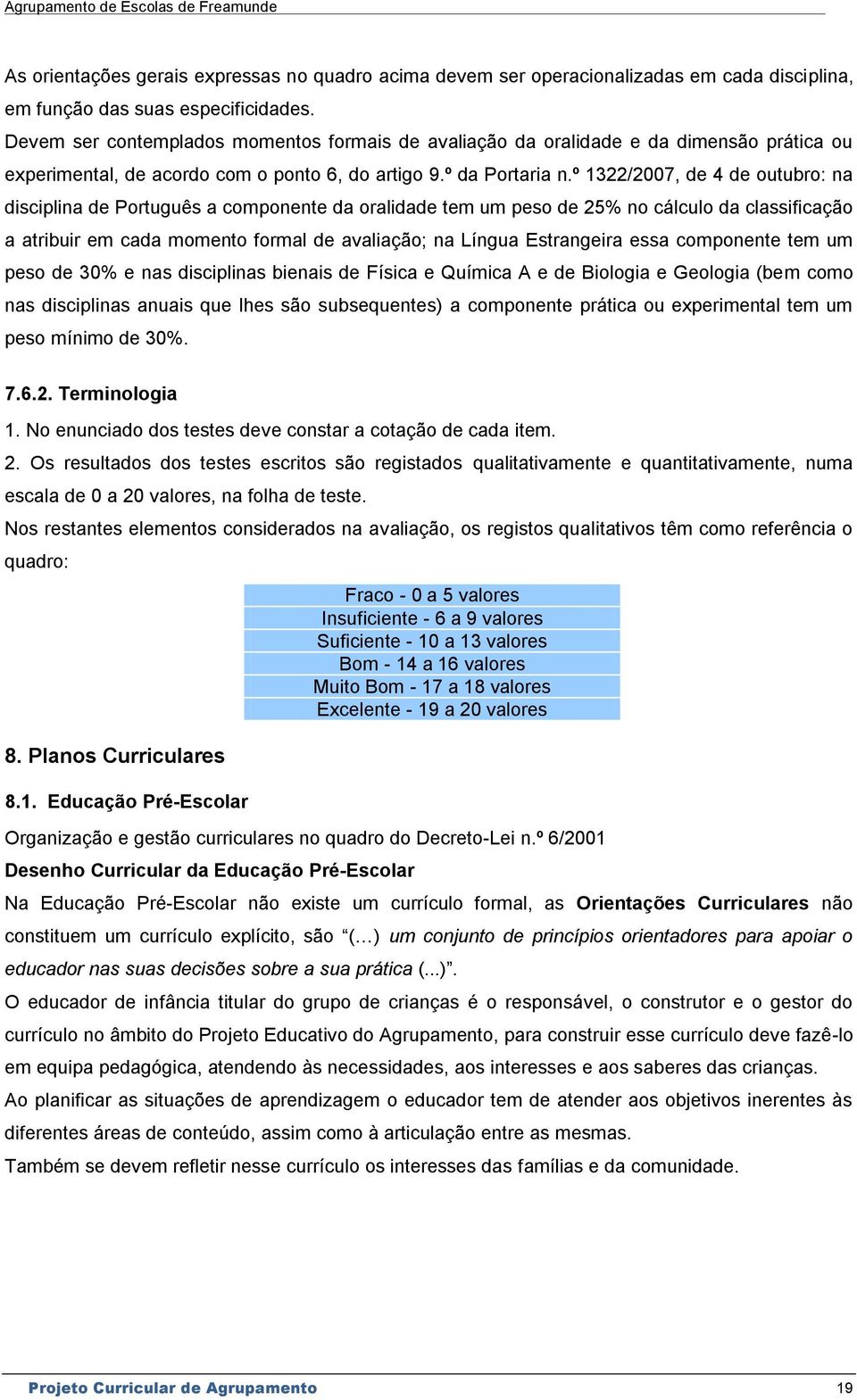 º 1322/2007, de 4 de outubro: na disciplina de Português a componente da oralidade tem um peso de 25% no cálculo da classificação a atribuir em cada momento formal de avaliação; na Língua Estrangeira