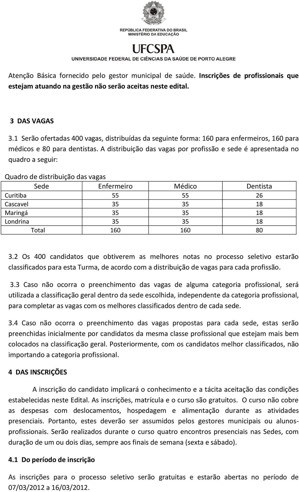 A distribuição das vagas por profissão e sede é apresentada no quadro a seguir: Quadro de distribuição das vagas Sede Enfermeiro Médico Dentista Curitiba 55 55 26 Cascavel 35 35 18 Maringá 35 35 18