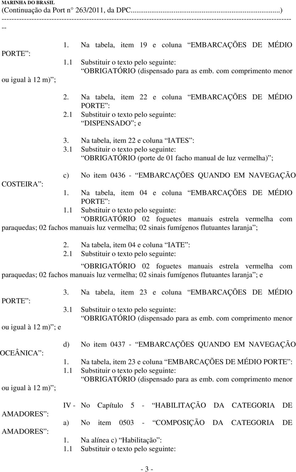 1 Substituir o texto pelo seguinte: OBRIGATÓRIO (porte de 01 facho manual de luz vermelha) ; c) No item 0436 - EMBARCAÇÕES QUANDO EM NAVEGAÇÃO COSTEIRA : 1.