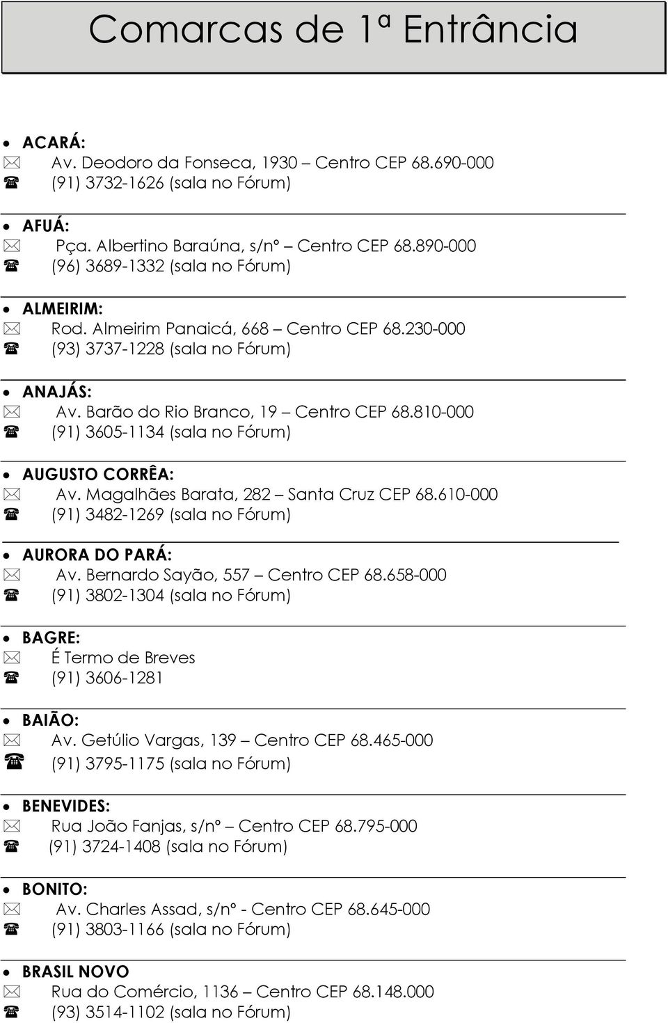 810-000 (91) 3605-1134 (sala no Fórum) AUGUSTO CORRÊA: Av. Magalhães Barata, 282 Santa Cruz CEP 68.610-000 (91) 3482-1269 (sala no Fórum) AURORA DO PARÁ: Av. Bernardo Sayão, 557 Centro CEP 68.