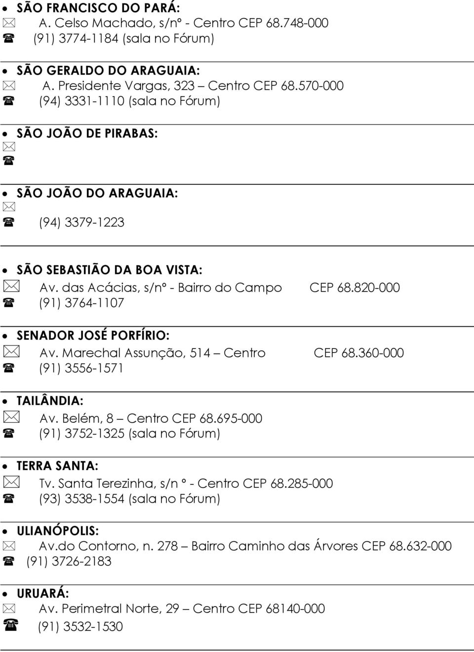 820-000 (91) 3764-1107 SENADOR JOSÉ PORFÍRIO: Av. Marechal Assunção, 514 Centro CEP 68.360-000 (91) 3556-1571 TAILÂNDIA: Av. Belém, 8 Centro CEP 68.