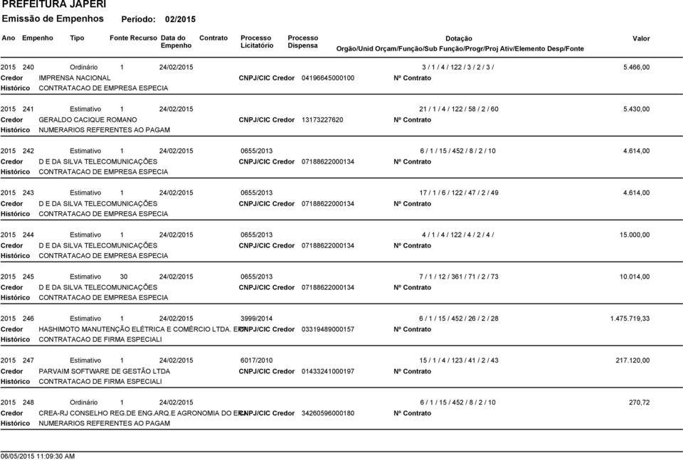 430,00 2015 242 Estimativo 1 24/02/2015 0655/2013 6 / 1 / 15 / 452 / 8 / 2 / 10 4.614,00 2015 243 Estimativo 1 24/02/2015 0655/2013 17 / 1 / 6 / 122 / 47 / 2 / 49 4.