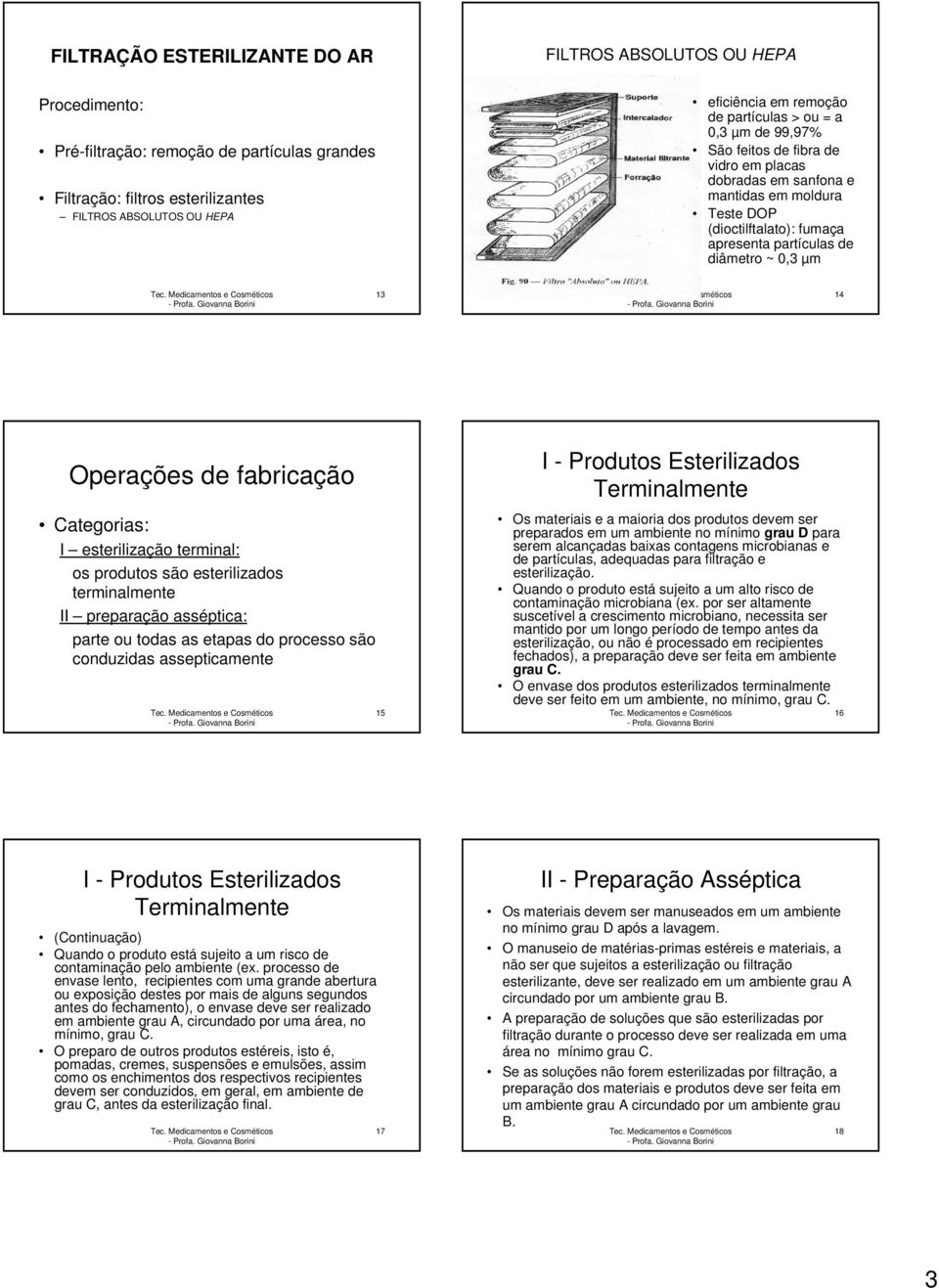 14 Operações de fabricação Categorias: I esterilização terminal: os produtos são esterilizados terminalmente II preparação asséptica: parte ou todas as etapas do processo são conduzidas