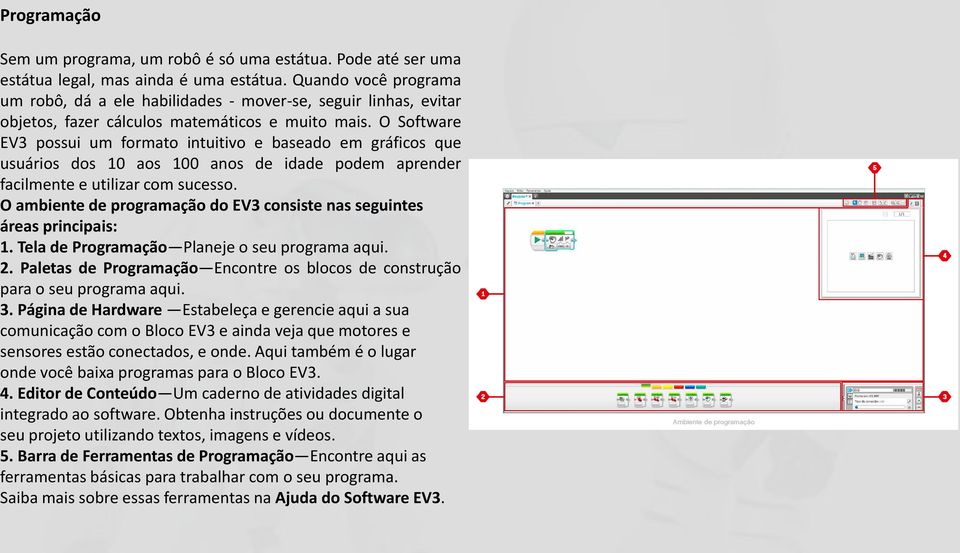 O Software EV3 possui um formato intuitivo e baseado em gráficos que usuários dos 10 aos 100 anos de idade podem aprender facilmente e utilizar com sucesso.