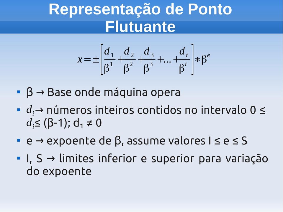 inteiros contidos no intervalo 0 (β-1); d 0 e expoente de β,