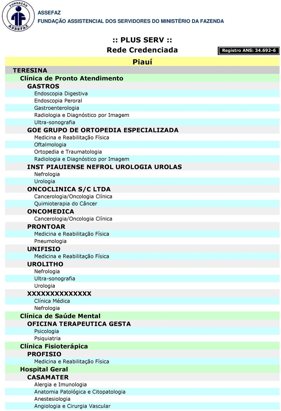 Clínica PRONTOAR Pneumologia UNIFISIO UROLITHO XXXXXXXXXXXXXX Clínica de Saúde Mental OFICINA TERAPEUTICA GESTA