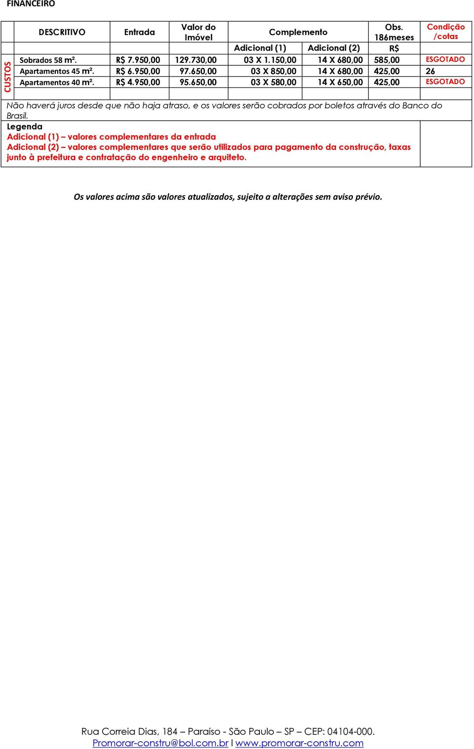 650,00 03 X 580,00 14 X 650,00 425,00 ESGOTADO Não haverá juros desde que não haja atraso, e os valores serão cobrados por boletos através do Banco do Brasil.