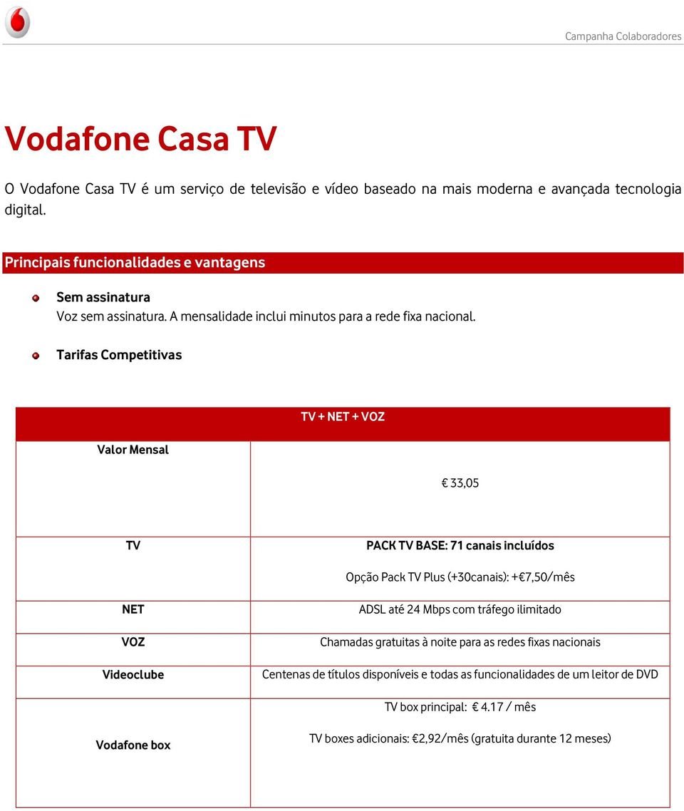 Tarifas Competitivas Valor Mensal TV + NET + VOZ 33,05 TV PACK TV BASE: 71 canais incluídos Opção Pack TV Plus (+30canais): + 7,50/mês NET VOZ Videoclube ADSL até 24 Mbps