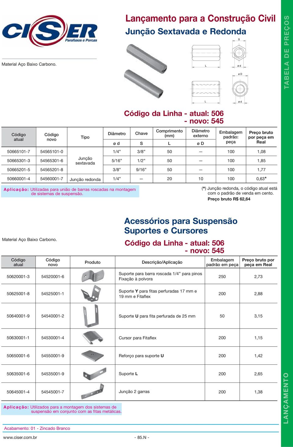 redonda /4 20 0 00 0,3* Aplicação: Utilizadas para união de barras roscadas na montagem de sistemas de suspensão. (*) Junção redonda, o código está com o padrão de venda em cento.