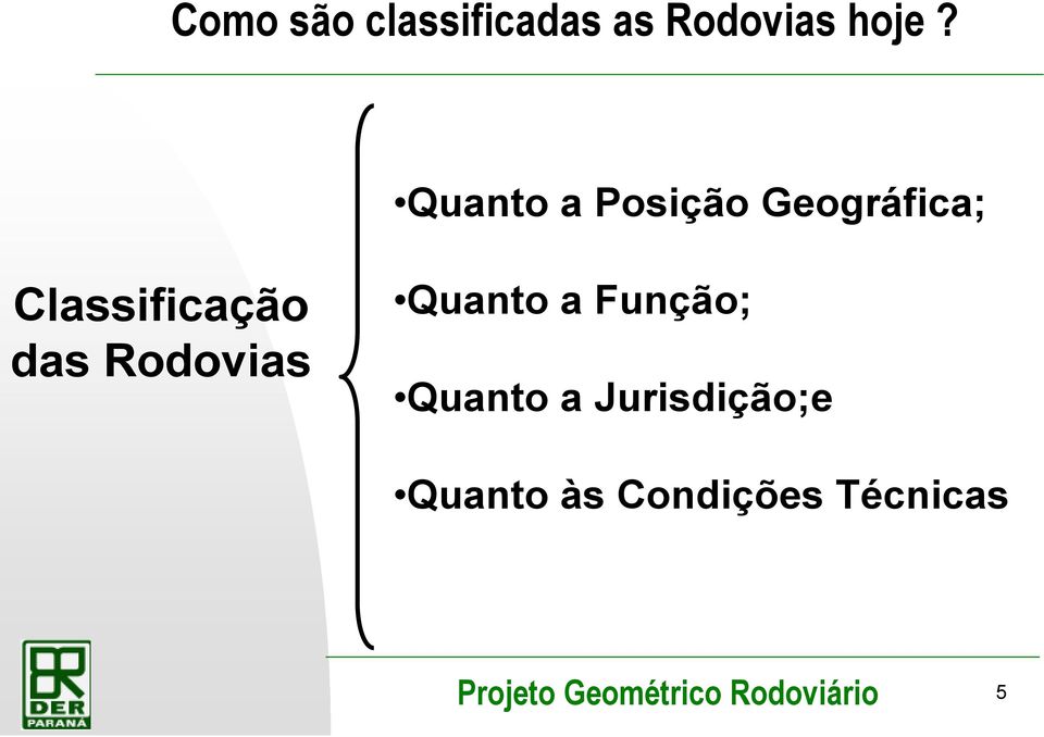 Classificação das Rodovias Quanto a