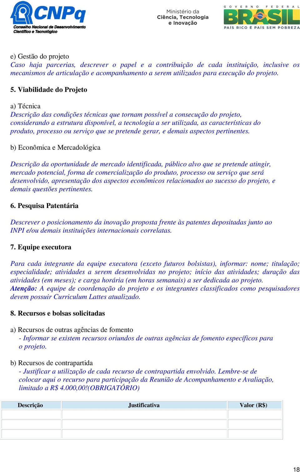 características do produto, processo ou serviço que se pretende gerar, e demais aspectos pertinentes.