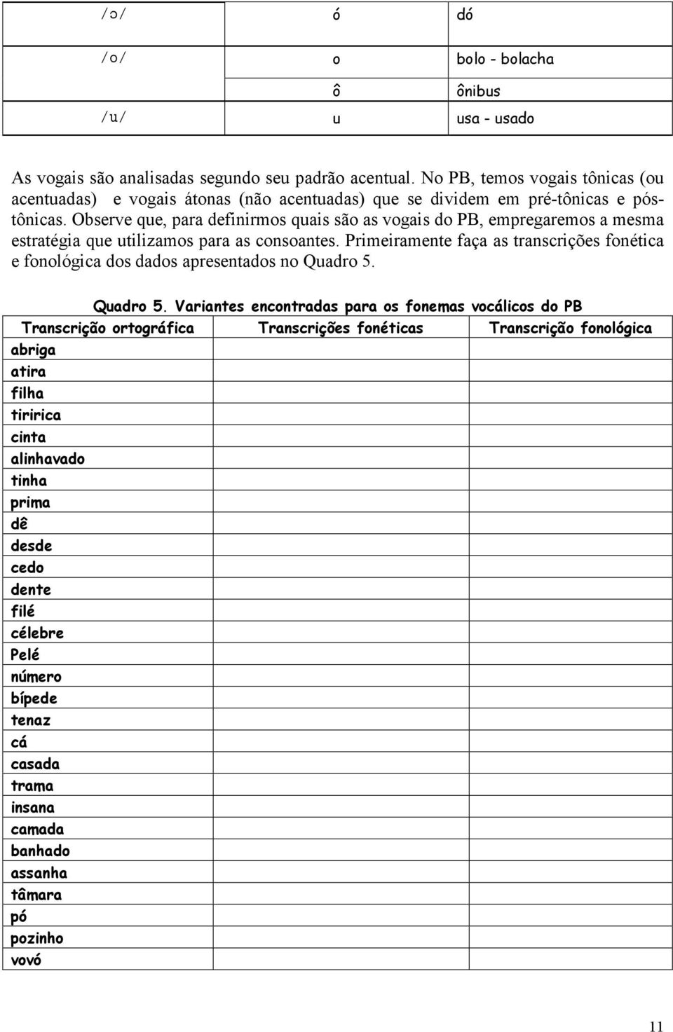 Observe que, para definirmos quais são as vogais do PB, empregaremos a mesma estratégia que utilizamos para as consoantes.