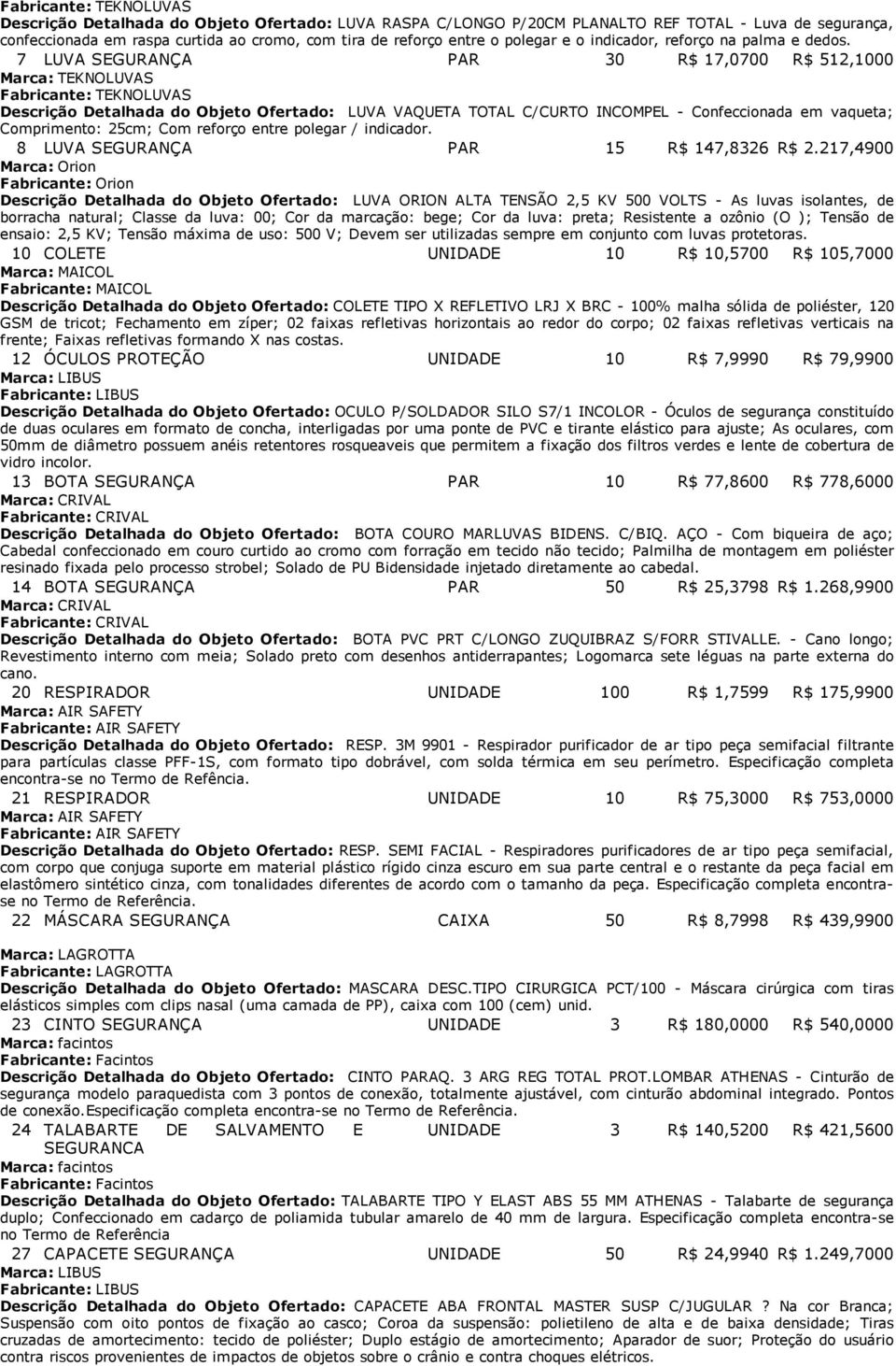 7 LUVA PAR 30 R$ 17,0700 R$ 512,1000 Fabricante: TEKNOLUVAS Descrição Detalhada do Objeto Ofertado: LUVA VAQUETA TOTAL C/CURTO INCOMPEL Confeccionada em vaqueta; Comprimento: 25cm; Com reforço entre