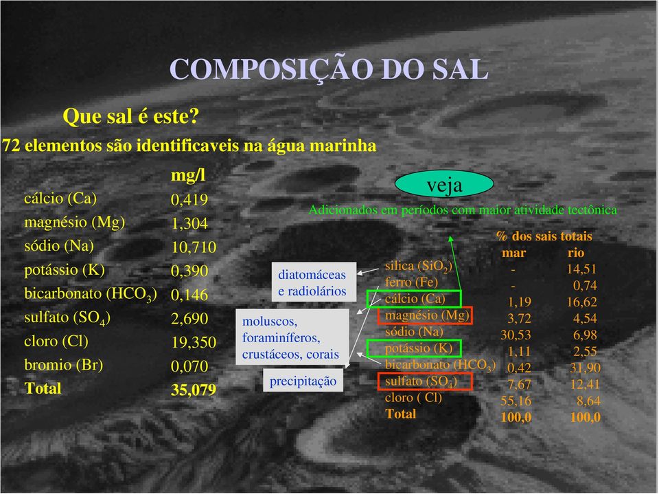 bromio (Br) Total mg/l 0,419 1,304 10,710 0,390 0,146 2,690 19,350 0,070 35,079 diatomáceas e radiolários moluscos, foraminíferos, crustáceos, corais precipitação