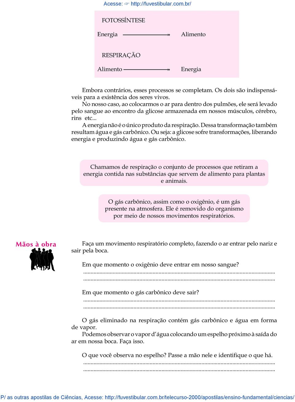 .. A energia não é o único produto da respiração. Dessa transformação também resultam água e gás carbônico.