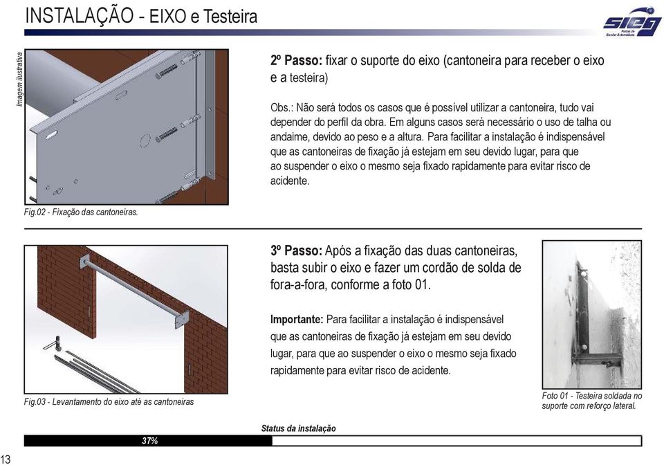 Para facilitar a instalação é indispensável que as cantoneiras de ixação já estejam em seu devido lugar, para que ao suspender o eixo o mesmo seja ixado rapidamente para evitar risco de acidente. Fig.