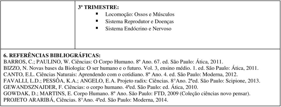 8º Ano. 4. ed. São Paulo: Moderna, 2012. FAVALLI, L.D.; PESSÔA, K.A.; ANGELO, E.A. Projeto radix: Ciências. 8 Ano. 2ªed. São Paulo: Scipione, 2013. GEWANDSZNAJDER, F. Ciências: o corpo humano.