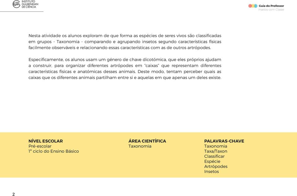 Especificamente, os alunos usam um género de chave dicotómica, que eles próprios ajudam a construir, para organizar diferentes artrópodes em caixas que representam diferentes características físicas