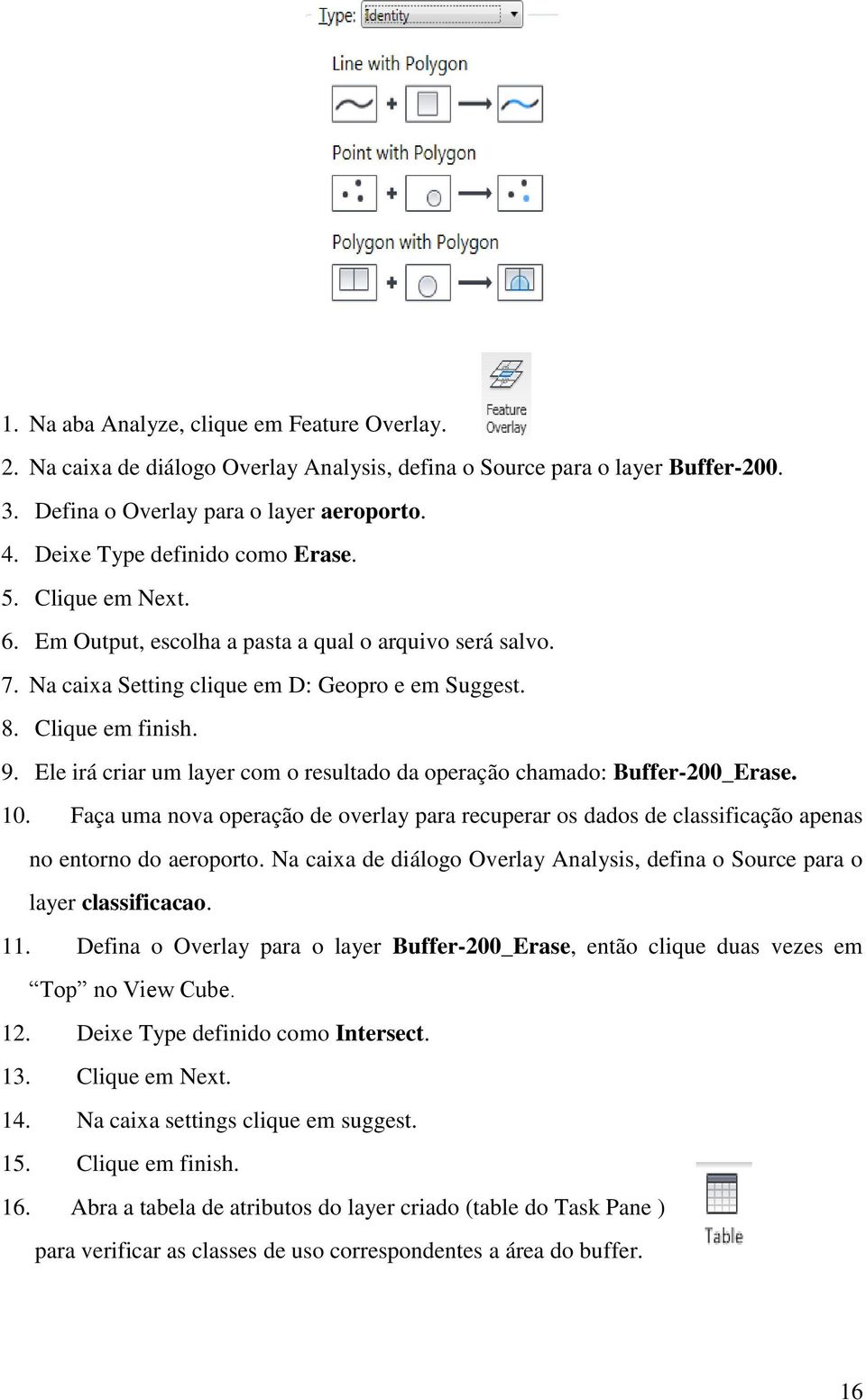 Ele irá criar um layer com o resultado da operação chamado: Buffer-200_Erase. 10. Faça uma nova operação de overlay para recuperar os dados de classificação apenas no entorno do aeroporto.