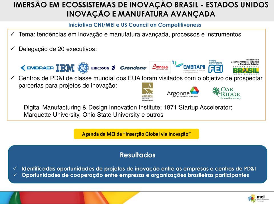 projetos de inovação: Digital Manufacturing & Design Innovation Institute; 1871 Startup Accelerator; Marquette University, Ohio State University e outros Agenda da MEI de Inserção