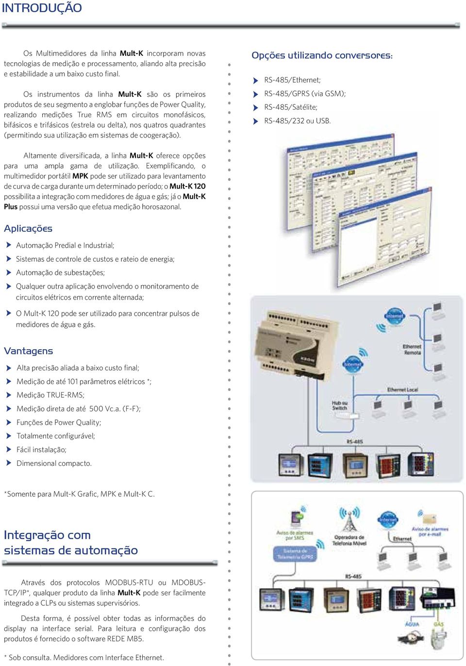 ou delta), nos quatros quadrantes (permitindo sua utilização em sistemas de coogeração). Opções utilizando conversores: RS-485/Ethernet; RS-485/GPRS (via GSM); RS-485/Satélite; RS-485/232 ou USB.