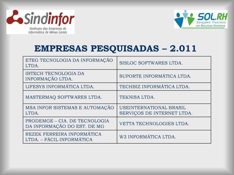 DE TECNOLOGIA DA INFORMAÇÃO DO EST. DE MG REZEK FERREIRA INFORMÁTICA LTDA. FÁCIL INFORMÁTICA SISLOC SOFTWARES LTDA.