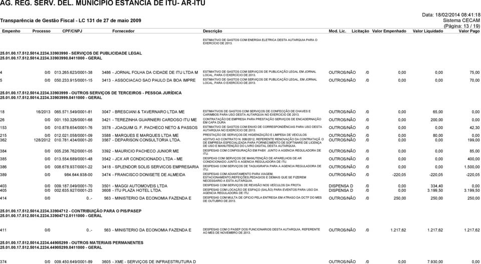 915/0001-15 3413 - ASSOCIACAO SAO PAULO DA BOA IMPRE ESTIMATIVO DE GASTOS COM SERVIÇOS DE PUBLICAÇÃO LEGAL, EM JORNAL OUTROS/NÃO /0 0,00 0,00 70,00 18 16/2013 065.571.