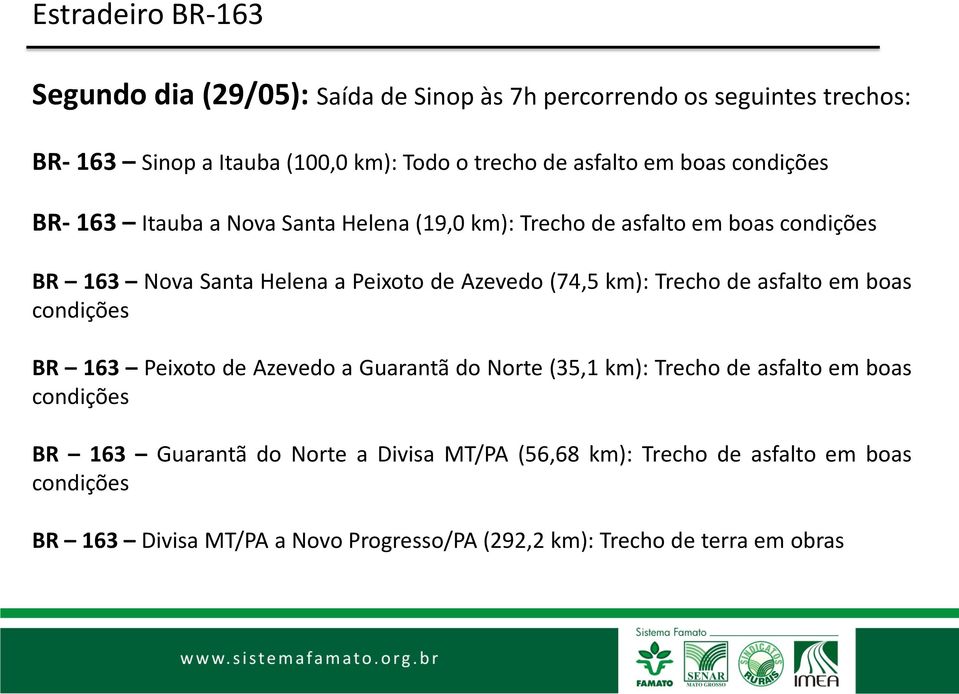 km): Trecho de asfalto em boas condições BR 163 Peixoto de Azevedo a Guarantã do Norte (35,1 km): Trecho de asfalto em boas condições BR 163