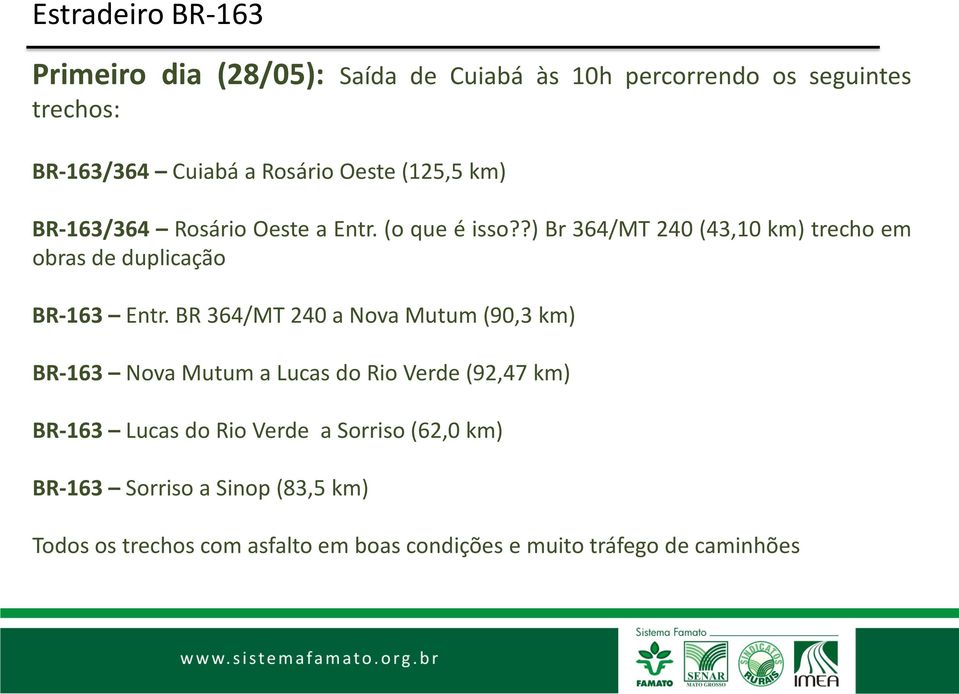 BR 364/MT 240 a Nova Mutum (90,3 km) BR-163 Nova Mutum a Lucas do Rio Verde (92,47 km) BR-163 Lucas do Rio Verde a
