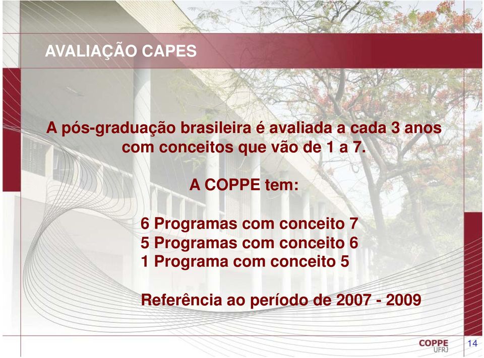 A COPPE tem: 6 Programas com conceito 7 5 Programas com