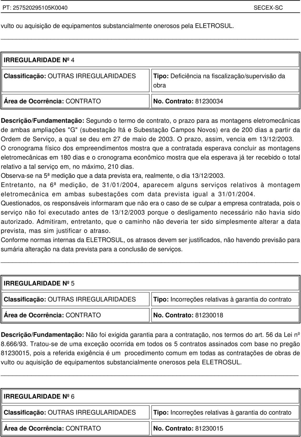 Contrato: 81230034 Descrição/Fundamentação: Segundo o termo de contrato, o prazo para as montagens eletromecânicas de ambas ampliações "G" (subestação Itá e Subestação Campos Novos) era de 200 dias a