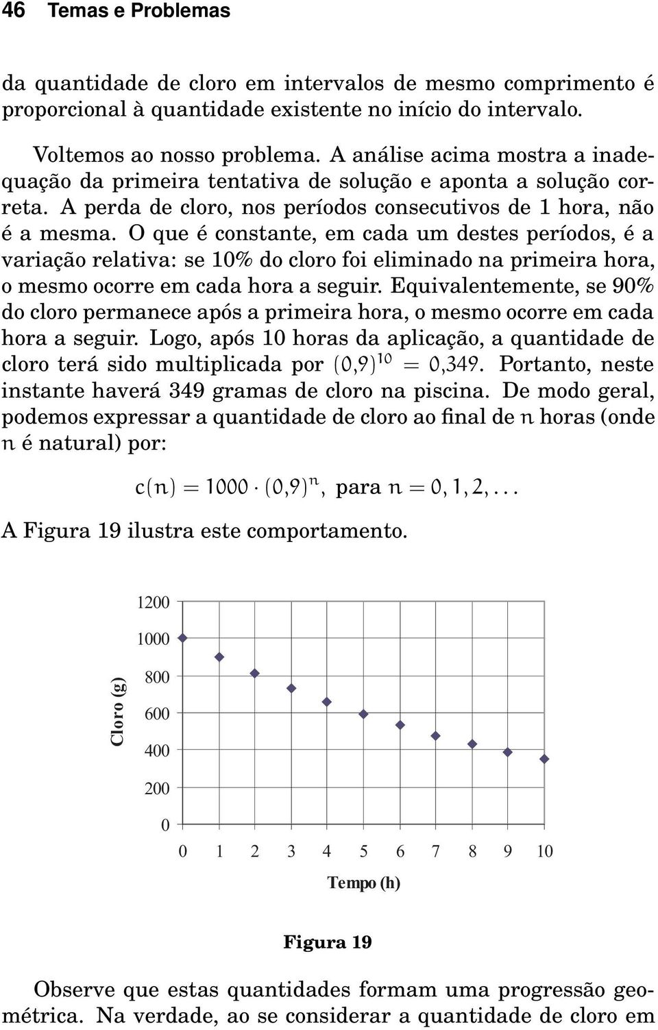 O que é constante, em cada um destes períodos, éa variação relativa: se 10% do cloro foi eliminado na primeira hora, o mesmo ocorre em cada hora a seguir.