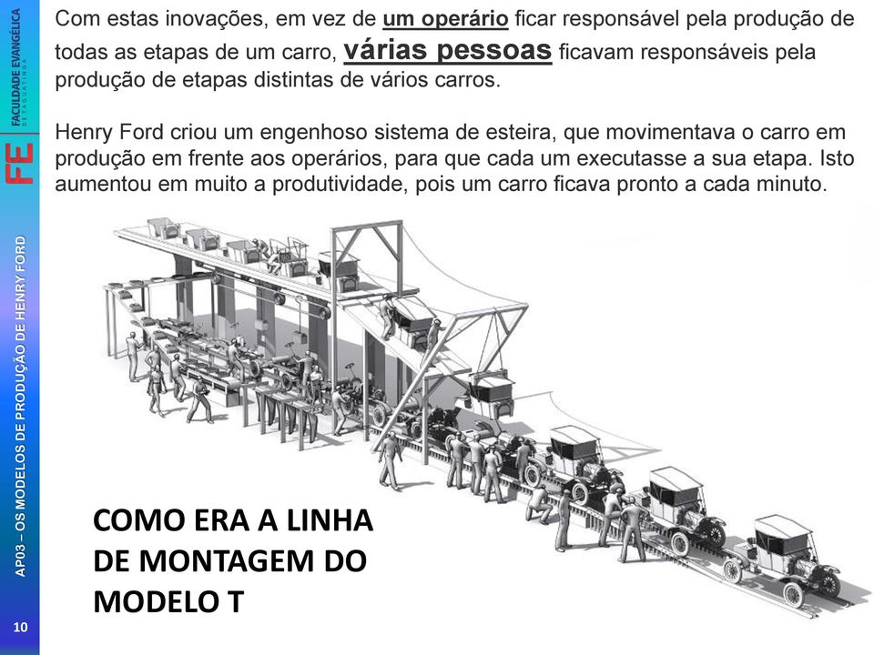 Henry Ford criou um engenhoso sistema de esteira, que movimentava o carro em produção em frente aos operários, para