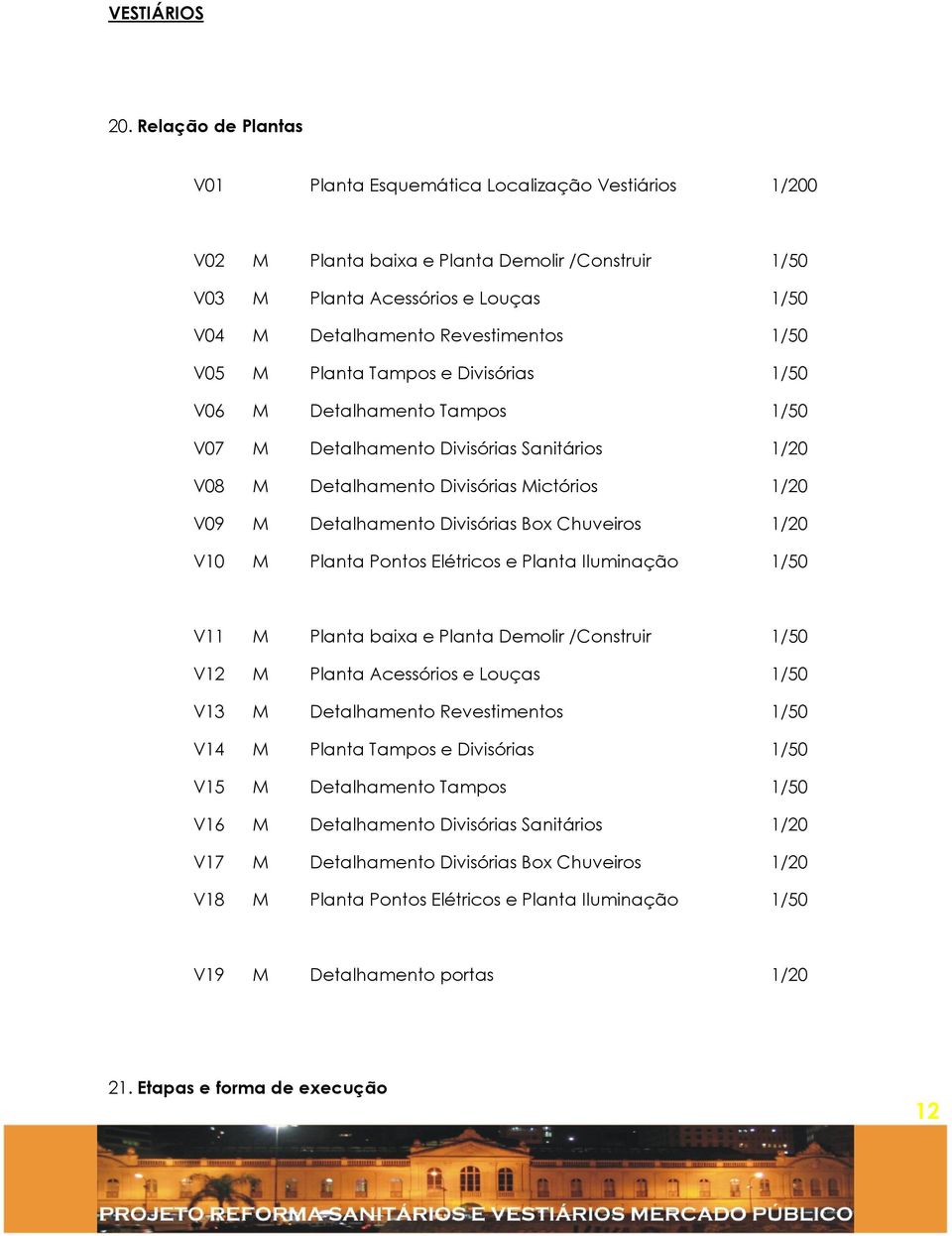 V05 M Planta Tampos e Divisórias 1/50 V06 M Detalhamento Tampos 1/50 V07 M Detalhamento Divisórias Sanitários 1/20 V08 M Detalhamento Divisórias Mictórios 1/20 V09 M Detalhamento Divisórias Box