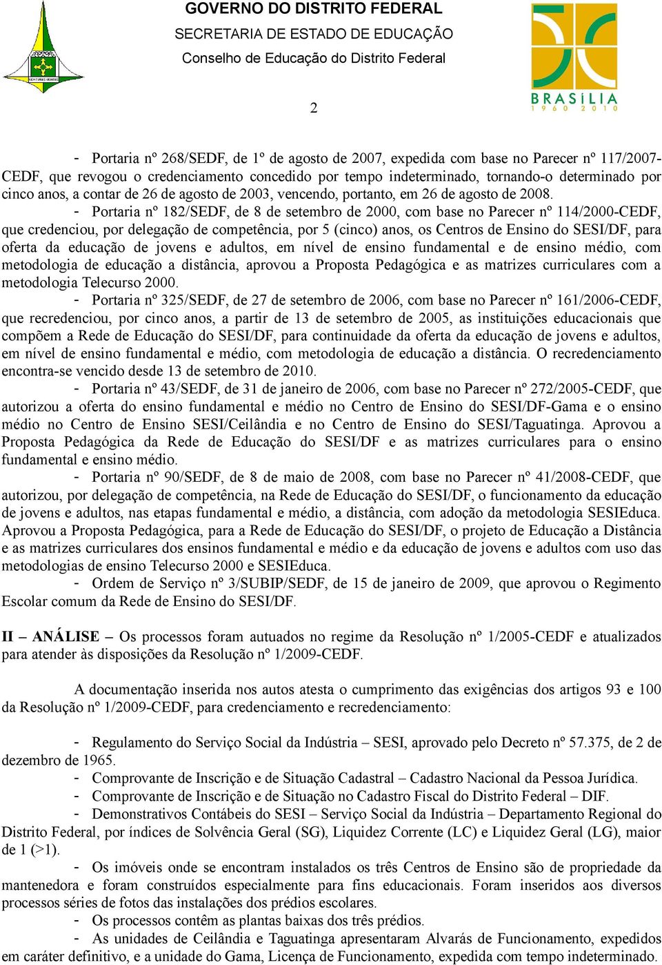 - Portaria nº 182/SEDF, de 8 de setembro de 2000, com base no Parecer nº 114/2000-CEDF, que credenciou, por delegação de competência, por 5 (cinco) anos, os Centros de Ensino do SESI/DF, para oferta