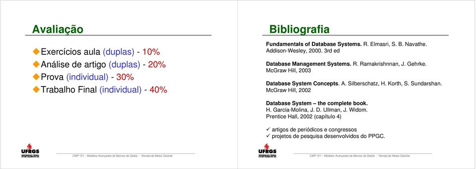 McGraw Hill, 2003 Database System Concepts. A. Silberschatz, H. Korth, S. Sundarshan. McGraw Hill, 2002 Database System the complete book. H. Garcia-Molina, J.