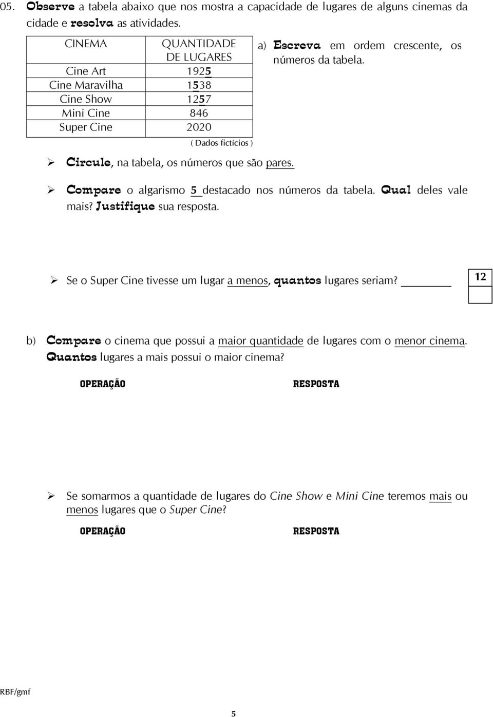 a) Escreva em ordem crescente, os números da tabela. Compare o algarismo 5 destacado nos números da tabela. Qual deles vale mais? Justifique sua resposta.