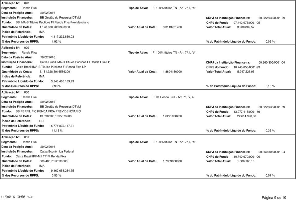 802,57 % dos Recursos do RPPS: 1,92 % % do Patrimônio Líquido do Fundo: 0,09 % 029 Instituição Financeira: Caixa Brasil -B Títulos Públicos FI LP CNPJ da Instituição Financeira: 00.360.