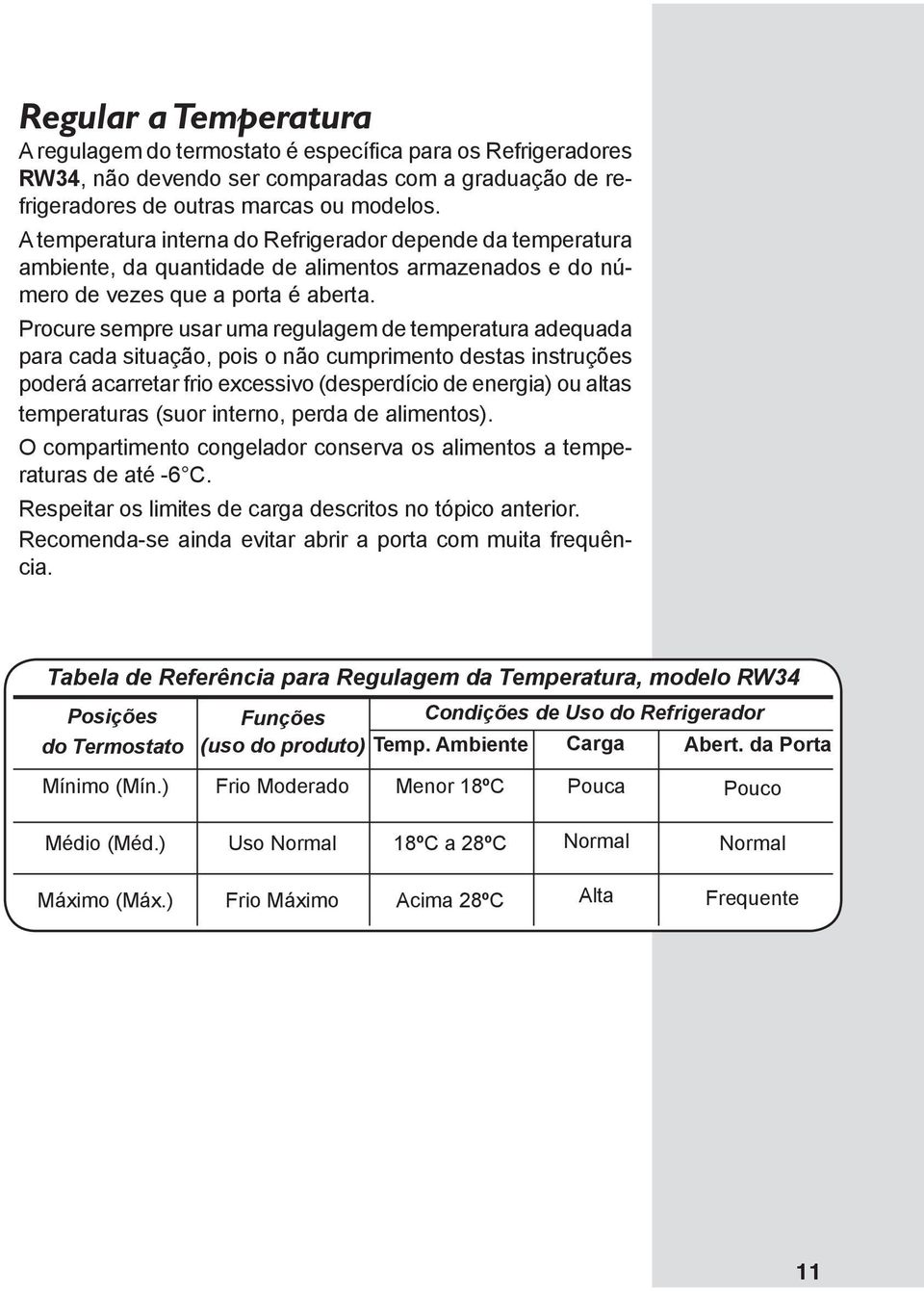 Procure sempre usar uma regulagem de temperatura adequada para cada situação, pois o não cumprimento destas instruções poderá acarretar frio excessivo (desperdício de energia) ou altas temperaturas