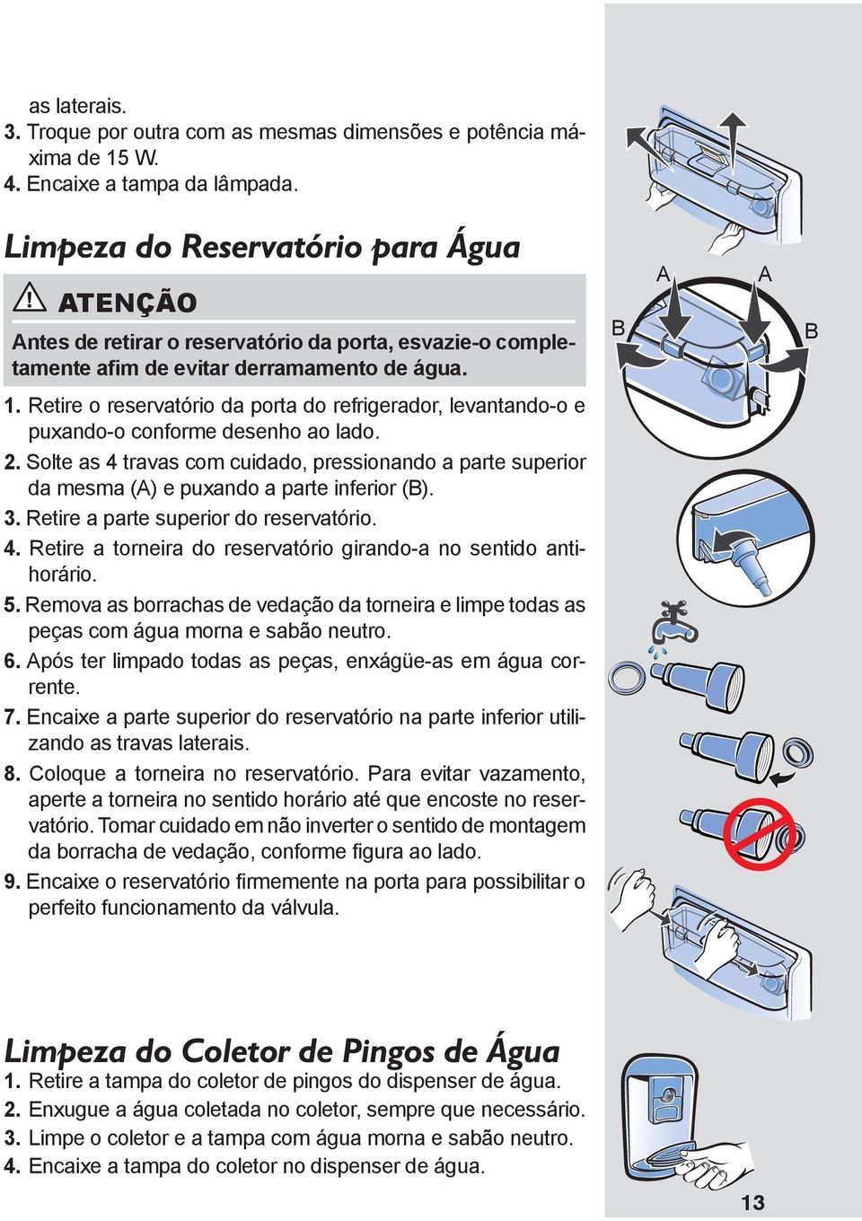 Retire o reservatório da porta do refrigerador, levantando-o e puxando-o conforme desenho ao lado. 2.