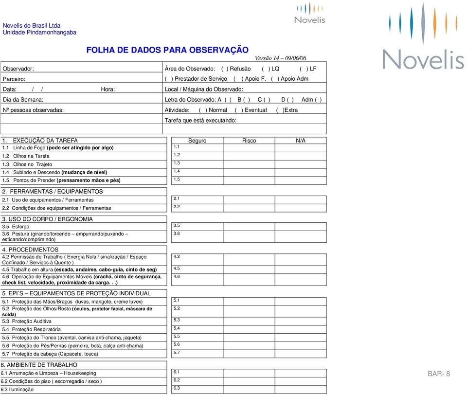 Tarefa que está executando: 1. EXECUÇÃO DA TAREFA Seguro Risco N/A 1.1 Linha de Fogo (pode ser atingido por algo) 1.1 1.2 Olhos na Tarefa 1.2 1.3 Olhos no Trajeto 1.3 1.