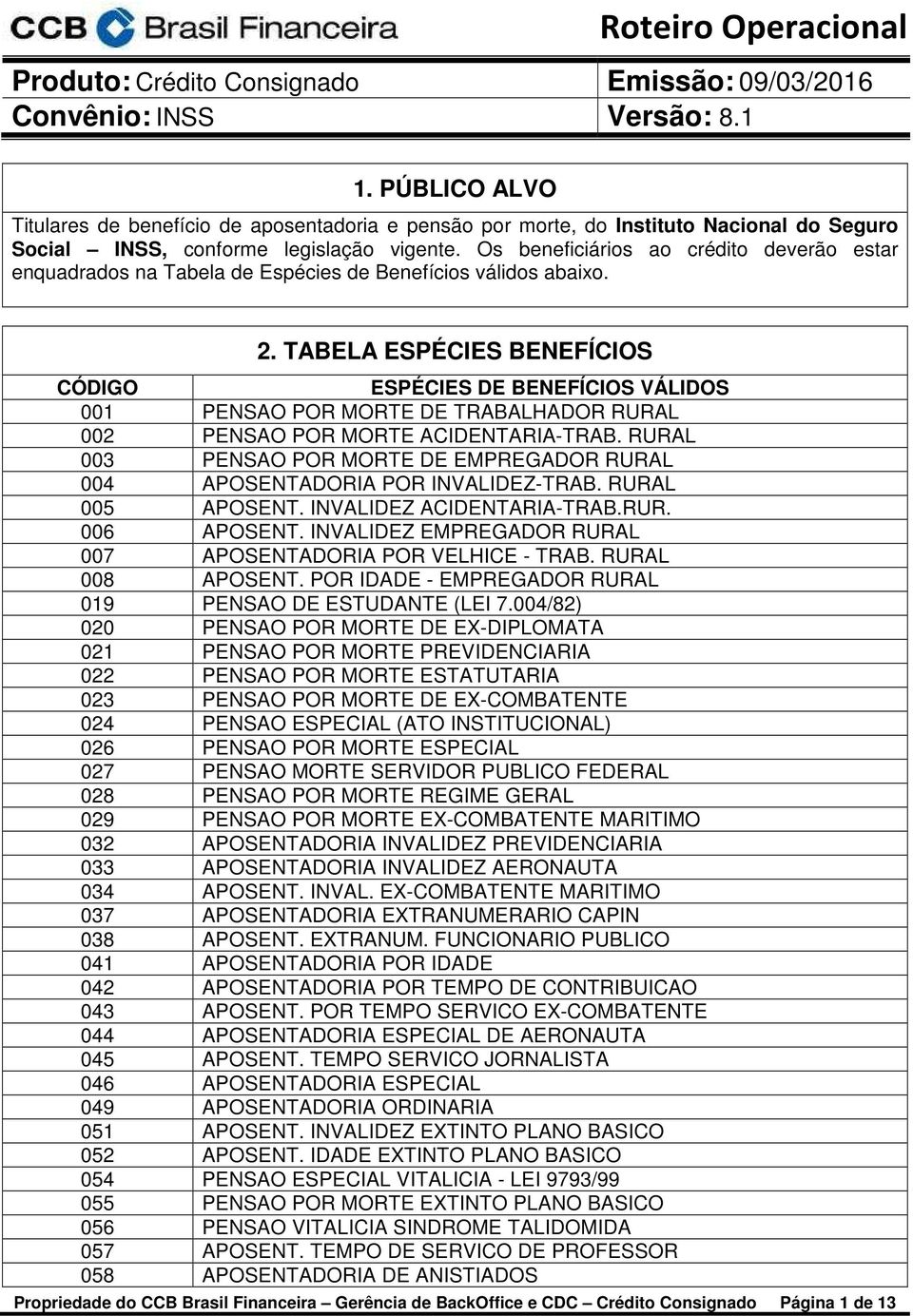 TABELA ESPÉCIES BENEFÍCIOS CÓDIGO ESPÉCIES DE BENEFÍCIOS VÁLIDOS 001 PENSAO POR MORTE DE TRABALHADOR RURAL 002 PENSAO POR MORTE ACIDENTARIA-TRAB.